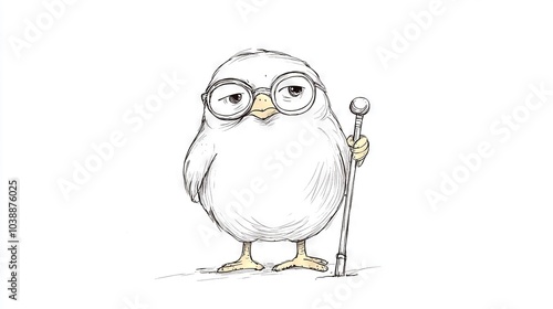   A monochrome depiction of a fowl donning spectacles and holding a microphone in one grip while brandishing a staff in the other photo