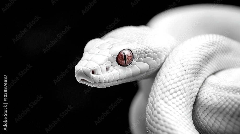 Fototapeta premium White snake with a red eye in focus against a black backdrop