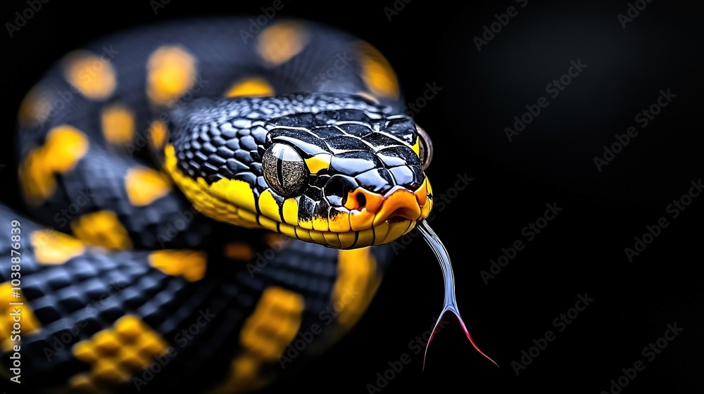 A black and yellow snake with a yellow stripe on its head and its tongue out, against a black background A black and yellow snake with a yellow stripe on its head and its tongue out, against a black background