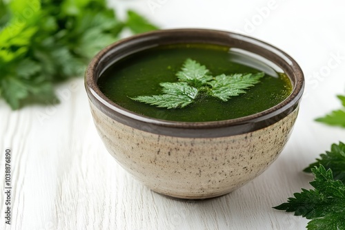 Idea of nutritious food featuring nettle soup on a white table