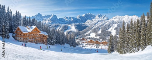 A ski resort nestled in the mountains, with slopes and snowladen trees in a wide panoramic view