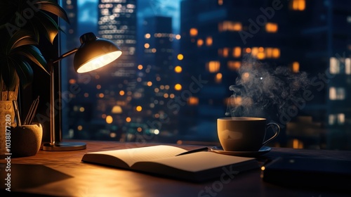 Wallpaper Mural A cozy workspace with a steaming cup of coffee and a notebook, overlooking a cityscape at night. Torontodigital.ca