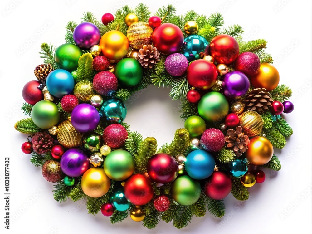 Stunning Christmas wreath adorned with tree decorations on a white background, perfect for holiday decor and inspiration for seasonal celebrations and festive gatherings. Stunning Christmas wreath adorned with tree decorations on a white background, perfect for holiday decor and inspiration for seasonal celebrations and festive gatherings.