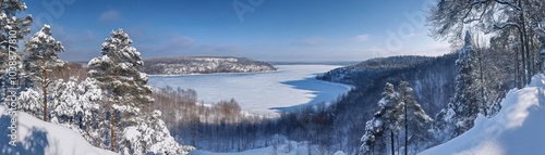 A sweeping panoramic view of a winter wonderland, with snowcovered trees, hills, and a frozen lake shimmering in the distance