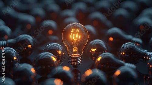 One of Light bulb glowing among shutdown light bulb. Creative thinking and success concept