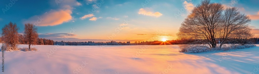 A vibrant winter sunset over snowcovered fields, painted in warm hues in a panoramic shot A vibrant winter sunset over snowcovered fields, painted in warm hues in a panoramic shot