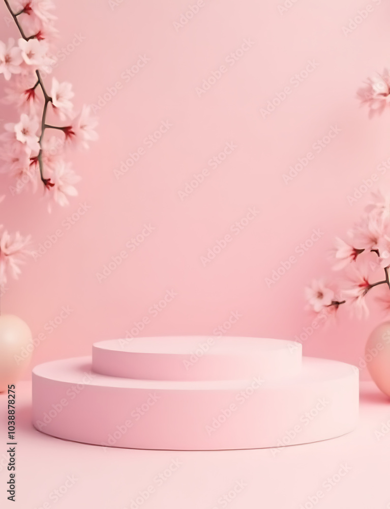 Pastel pink podium features cherry blossoms in minimalist 3D display for product showcases and branding purposes. Pastel pink podium features cherry blossoms in minimalist 3D display for product showcases and branding purposes.