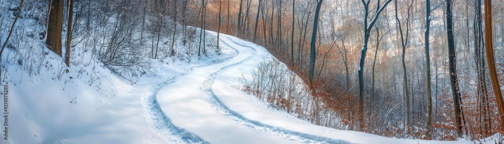 A winding snowy trail leading up a hillside, surrounded by dense winter woods in a wide panoramic shot A winding snowy trail leading up a hillside, surrounded by dense winter woods in a wide panoramic shot