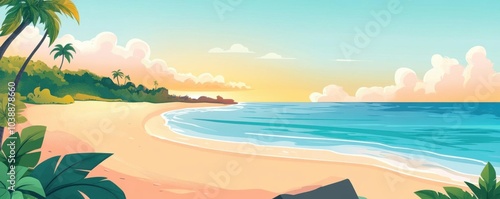 Beach coastline at sunrise panoramic scene flat design side view peaceful morning cartoon drawing Triadic Color Scheme