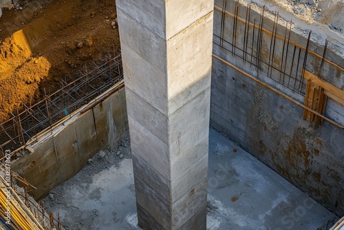 Installed precast concrete column in a pit to ready the deck for concrete pouring for the building photo