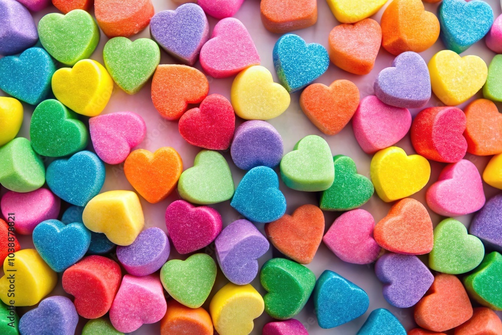 Vibrant conversation hearts for Valentine's Day featuring rainbow candy sweets and love icons, set against a blank white background for a charming, romantic touch. Vibrant conversation hearts for Valentine's Day featuring rainbow candy sweets and love icons, set against a blank white background for a charming, romantic touch.