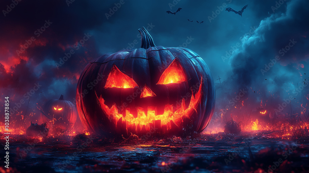Halloween cyberpunk banner with copy space, Jack-o'-lantern, dark background Halloween cyberpunk banner with copy space, Jack-o'-lantern, dark background