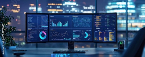 Cyber resilience dashboard, tracking secure server uptime, threat intelligence displayed on screen, vibrant colors, soft lighting, high detail, clean