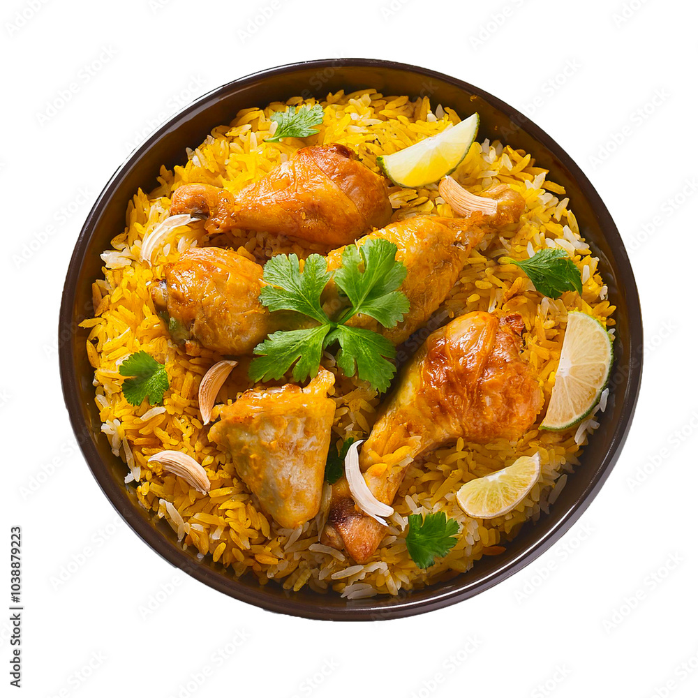 A bowl of biryani with chicken pieces on a transparent background A bowl of biryani with chicken pieces on a transparent background
