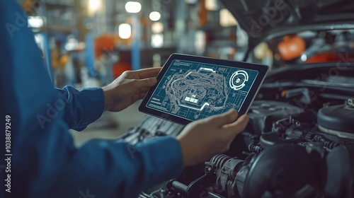 A mechanic using a tablet to digitally inspect a car engine, showcasing the integration of modern technology in automotive diagnostics and repair processes, Generative Ai