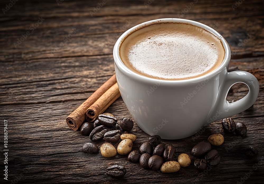 Fototapeta premium Cup of coffee on wooden table with cinnamon. the coffee cup is in the corner. A white coffee cup with a heart on top of it is sitting on a wooden table with coffee grounds and cinnamon.