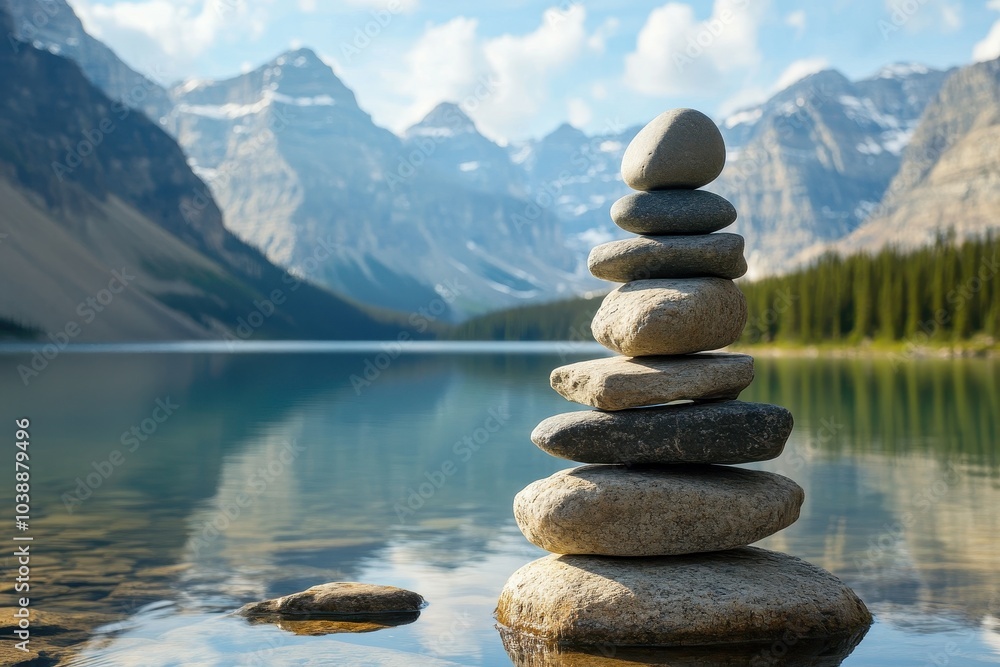 Inukshuk stone sculpture by a lake with mountains Inukshuk stone sculpture by a lake with mountains