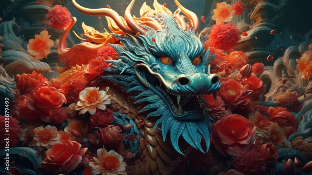 A majestic blue dragon in flowers. Generative AI. A majestic blue dragon in flowers. Generative AI.