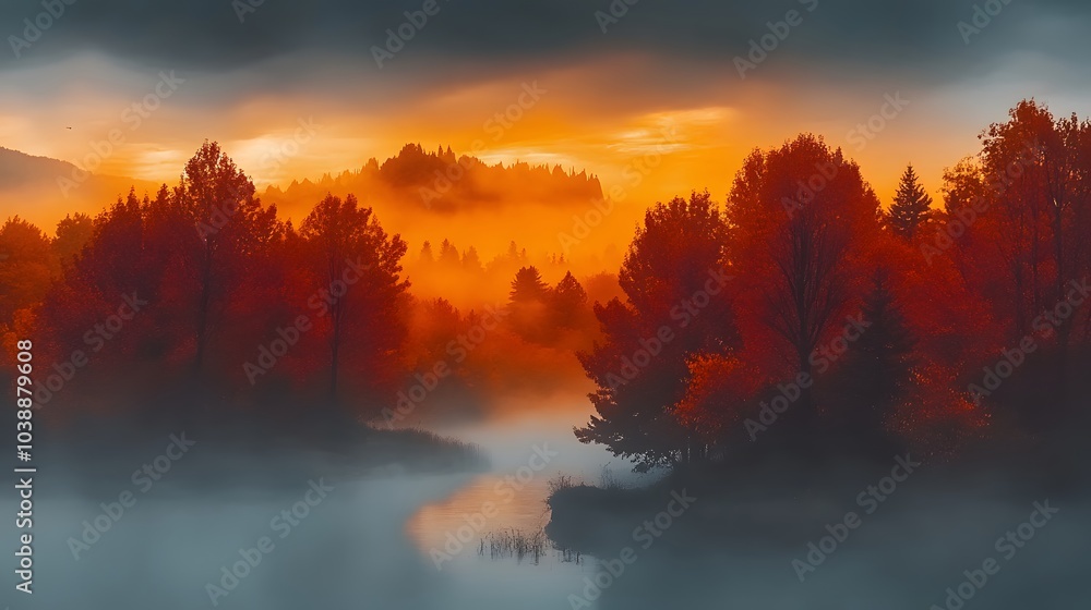 Obraz premium fall landscape, digital photography, fall colors, rich colors, light mist, epic
