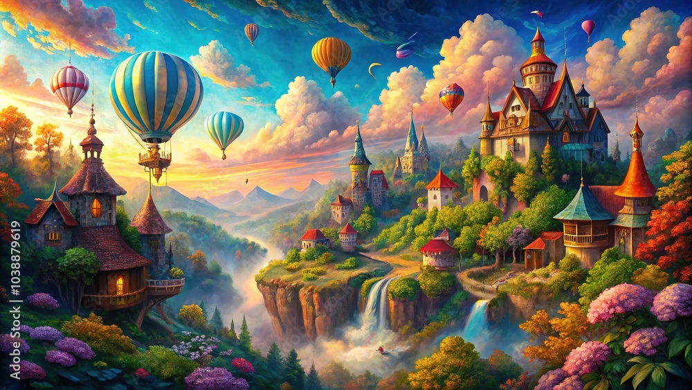 Fototapeta premium Whimsical original painting capturing the essence of a classic fantasy realm, brimming with enchantment and wonder, evoking the charm of vintage artistry for dreamers.
