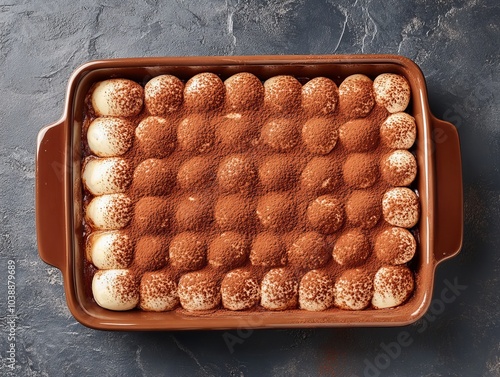 Tiramisu. The most popular Italian dishes. Layered dessert in a rectangular dish, dusted with cocoa powder. Composition: Coffee-soaked ladyfingers, mascarpone cheese, cocoa powder, sugar, eggs.