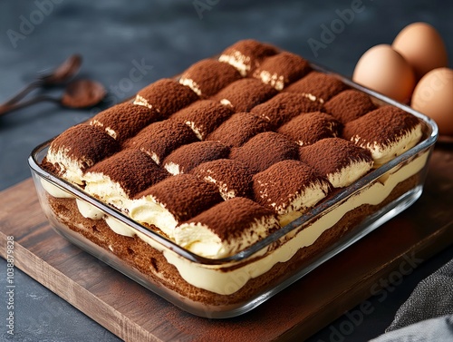 Tiramisu. The most popular Italian dishes. Layered dessert in a rectangular dish, dusted with cocoa powder. Composition: Coffee-soaked ladyfingers, mascarpone cheese, cocoa powder, sugar, eggs.