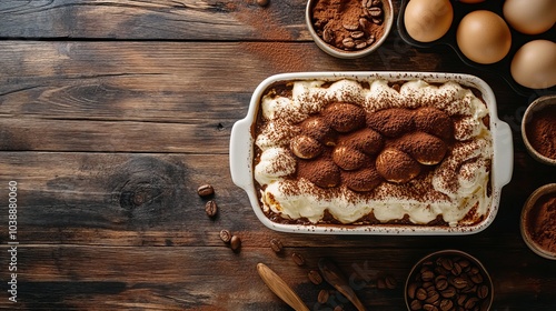 Tiramisu. The most popular Italian dishes. Layered dessert in a rectangular dish, dusted with cocoa powder. Composition: Coffee-soaked ladyfingers, mascarpone cheese, cocoa powder, sugar, eggs.