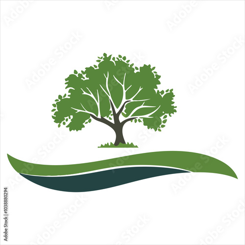 Vector logo of a tree and river with simple clean lines isolated on solid white background.
