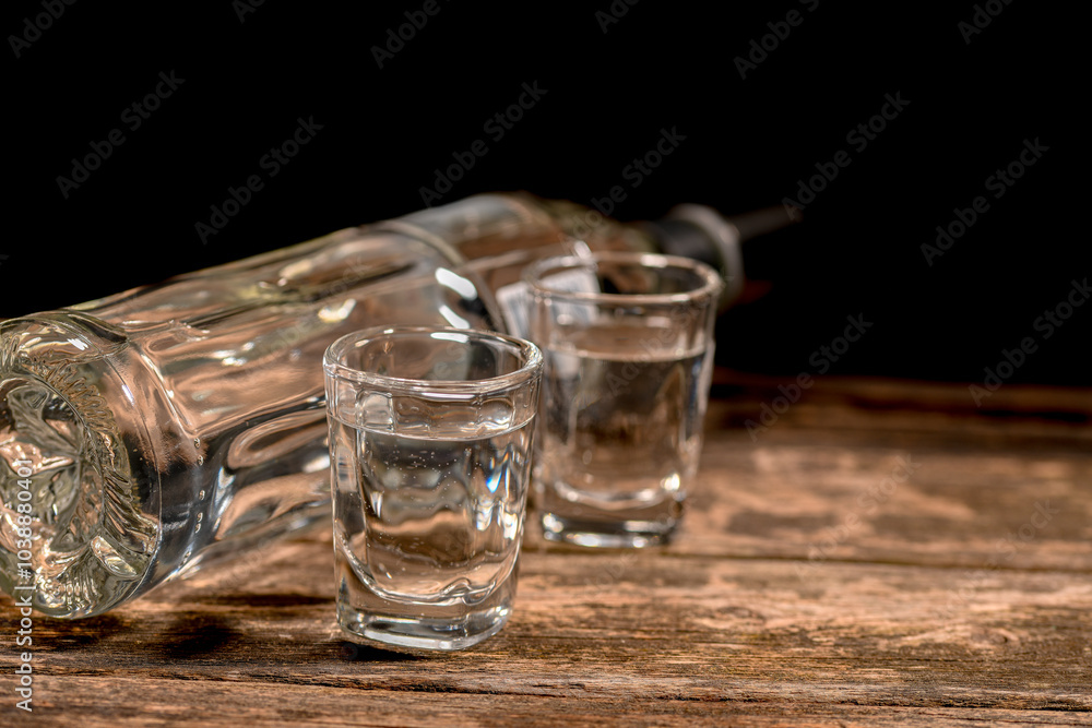 Set of vodka bottle and two glasses Set of vodka bottle and two glasses