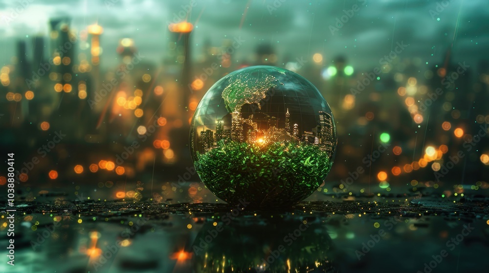 A green globe with urban cityscape in the background. The scene is illuminated with city lights, highlighting sustainability and urban development. A green globe with urban cityscape in the background. The scene is illuminated with city lights, highlighting sustainability and urban development.