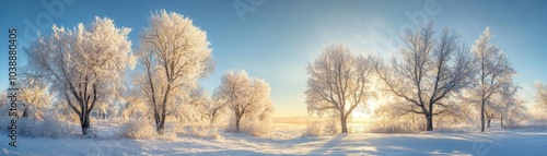 Frostcovered branches of trees glistening in the morning sunlight, captured in a panoramic shot