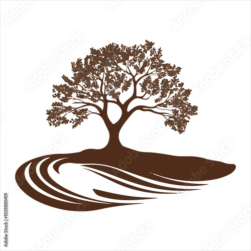 Vector logo of a tree and river with simple clean lines isolated on solid white background.
