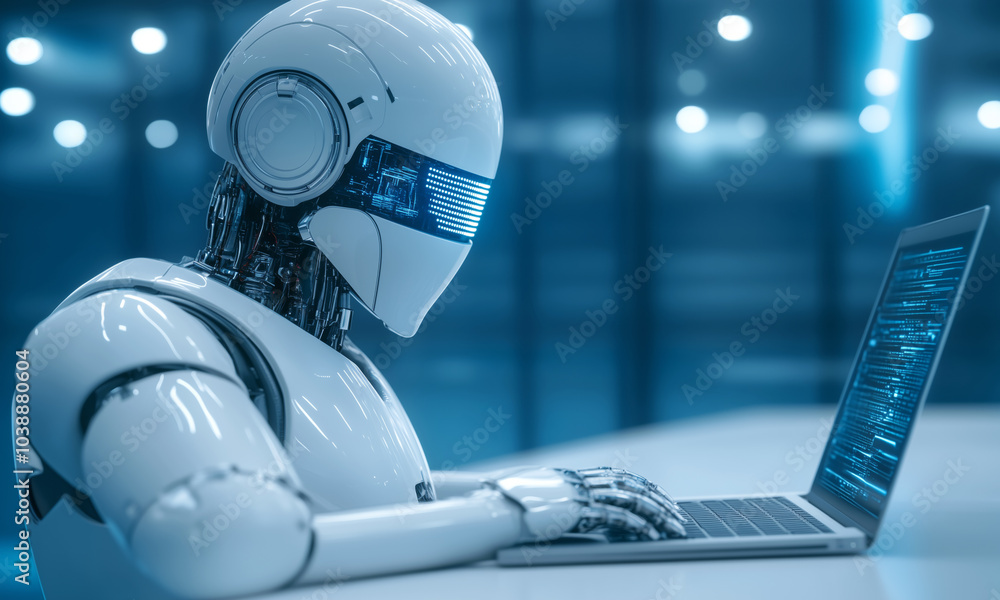 A futuristic robot working on a laptop in a tech-inspired office environment at night A futuristic robot working on a laptop in a tech-inspired office environment at night