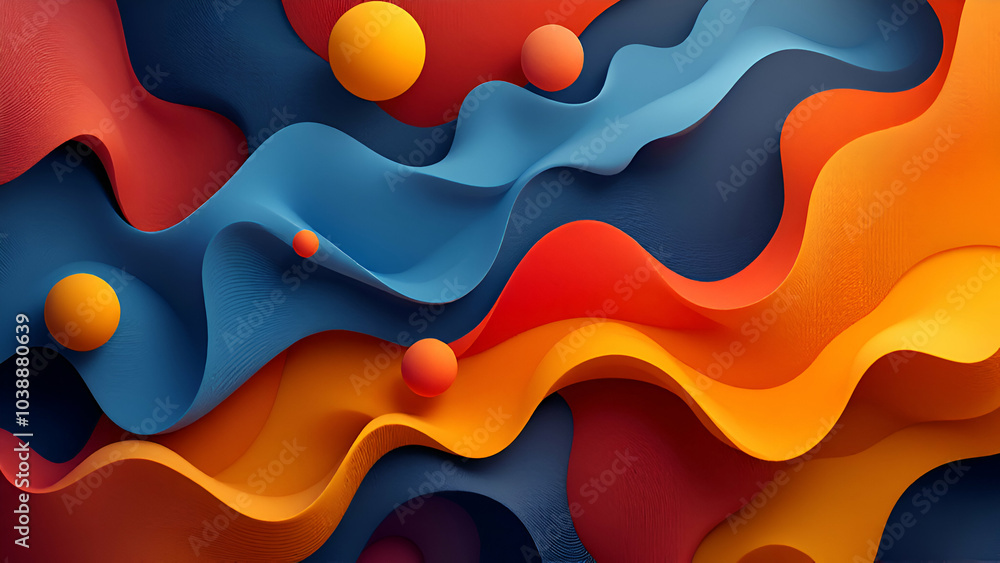 Abstract background with a vibrant blue, red, orange and yellow color scheme. Multiple wavy shapes create a dynamic and modern visual. Abstract background with a vibrant blue, red, orange and yellow color scheme. Multiple wavy shapes create a dynamic and modern visual.