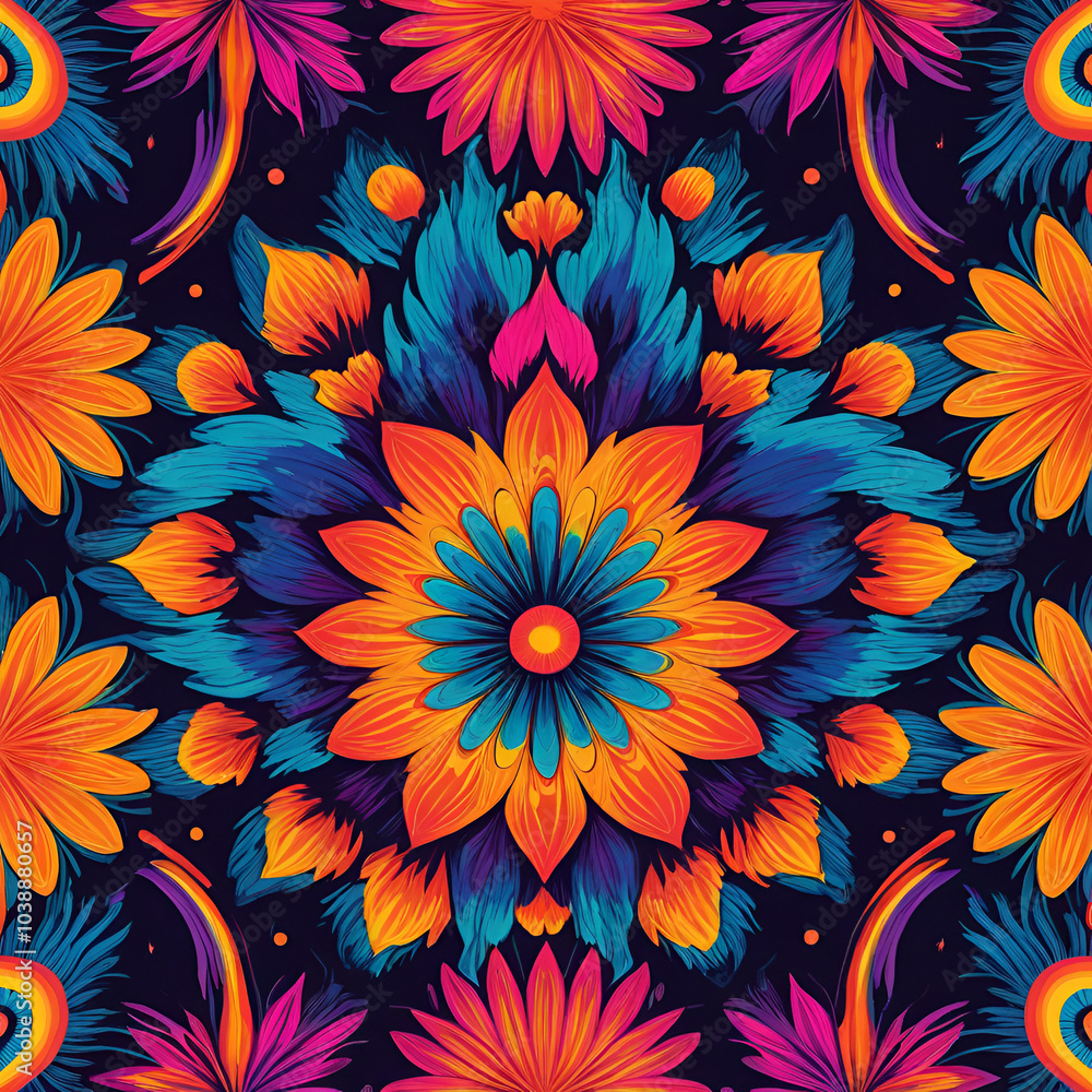 A kaleidoscope-inspired floral art piece with vivid colors and abstract patterns, ideal for creative and artistic applications.. Repeated pattern. A kaleidoscope-inspired floral art piece with vivid colors and abstract patterns, ideal for creative and artistic applications.. Repeated pattern.
