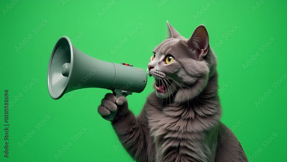 Fototapeta premium Gray cat screaming into loudspeaker on green background
