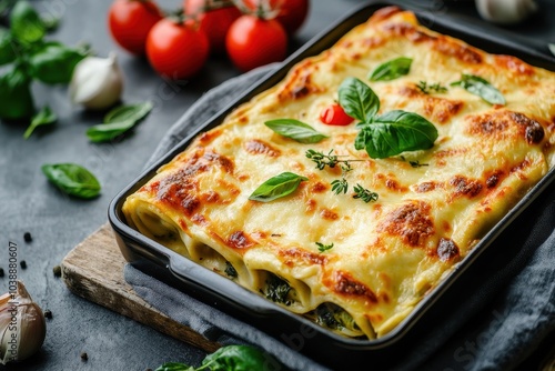 Italian dish spinach and ricotta filled cannelloni topped with parmesan and tomato sauce served with béchamel on a gray wood surface