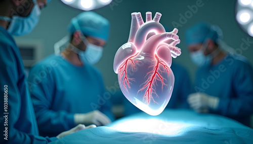 Surgeons performing heart surgery with a floating illuminated heart model