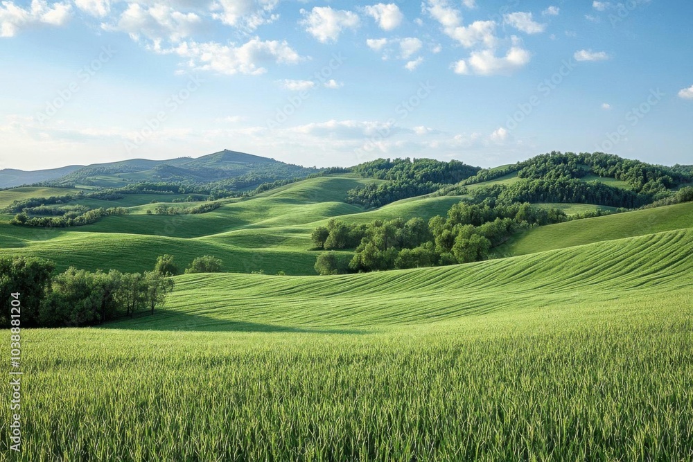 Rolling hills panoramic scene flat design front view countryside expanse 3D render Complementary Color Scheme Rolling hills panoramic scene flat design front view countryside expanse 3D render Complementary Color Scheme