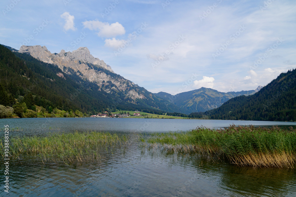 scenic alpine lake Haldensee surrounded by lush green trees in the Austrian Alps of the Tannheim valley or Tannheimer Tal, Tirol, Austria scenic alpine lake Haldensee surrounded by lush green trees in the Austrian Alps of the Tannheim valley or Tannheimer Tal, Tirol, Austria