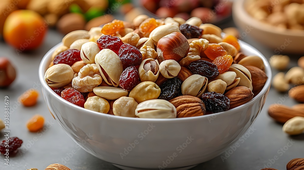 A bowl of mixed nuts and dried fruit. The bowl is white and filled with a variety of nuts and dried fruit mixed nuts and dried fruits with a simple table top in the background, warm dining atmosphere. A bowl of mixed nuts and dried fruit. The bowl is white and filled with a variety of nuts and dried fruit mixed nuts and dried fruits with a simple table top in the background, warm dining atmosphere.
