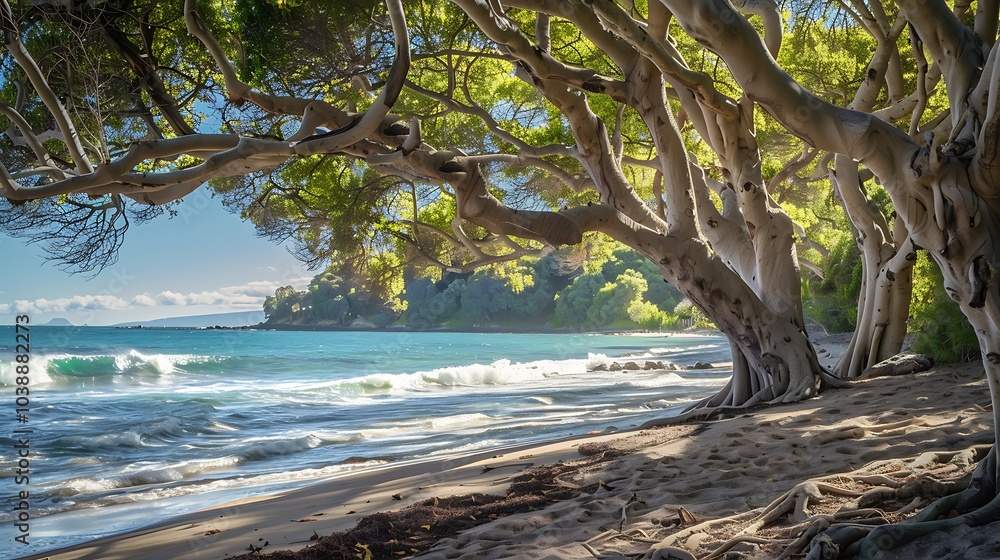 A tranquil haven by the sea backed by huge trees and dazzling surf A tranquil haven by the sea backed by huge trees and dazzling surf