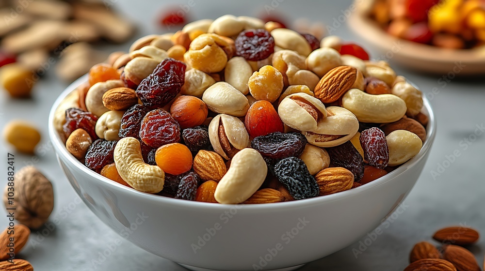 A bowl of mixed nuts and dried fruit. The bowl is white and filled with a variety of nuts and dried fruit mixed nuts and dried fruits with a simple table top in the background, warm dining atmosphere. A bowl of mixed nuts and dried fruit. The bowl is white and filled with a variety of nuts and dried fruit mixed nuts and dried fruits with a simple table top in the background, warm dining atmosphere.