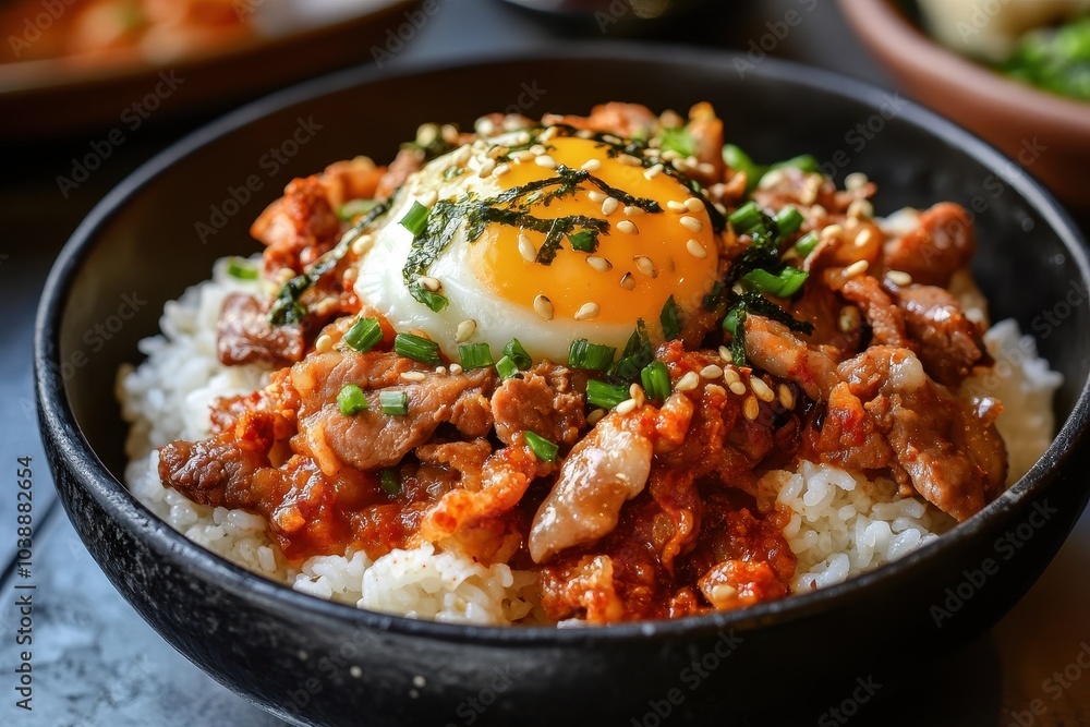 Korean style rice topped with kimchi and stir fried pork Korean style rice topped with kimchi and stir fried pork