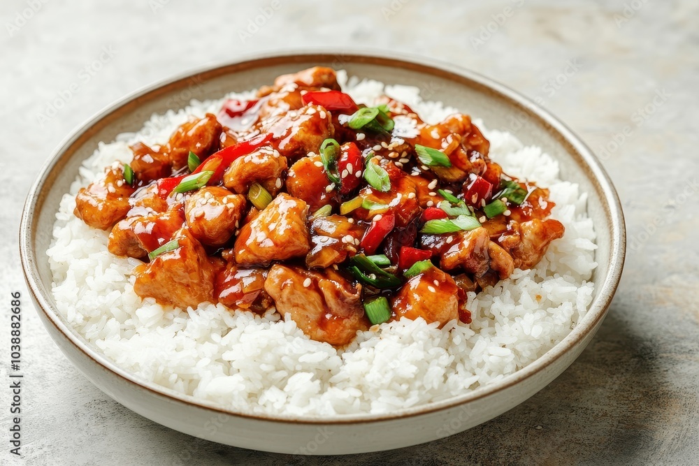 Kung Pao a classic Chinese dish made with chicken beef or pork often containing seafood served with rice against a solid backdrop Kung Pao a classic Chinese dish made with chicken beef or pork often containing seafood served with rice against a solid backdrop