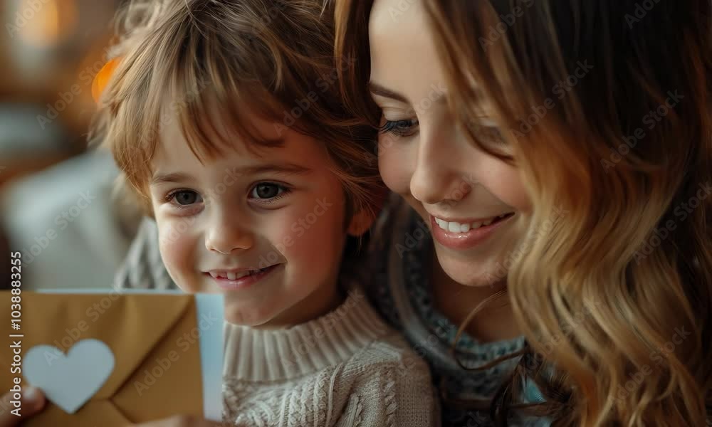Mother and child share a heartfelt moment opening a heartfelt letter at home Mother and child share a heartfelt moment opening a heartfelt letter at home