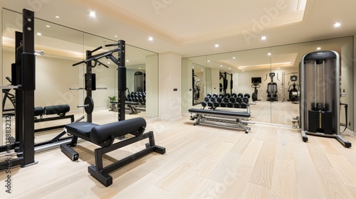 A home gym with exercise equipment and mirrors