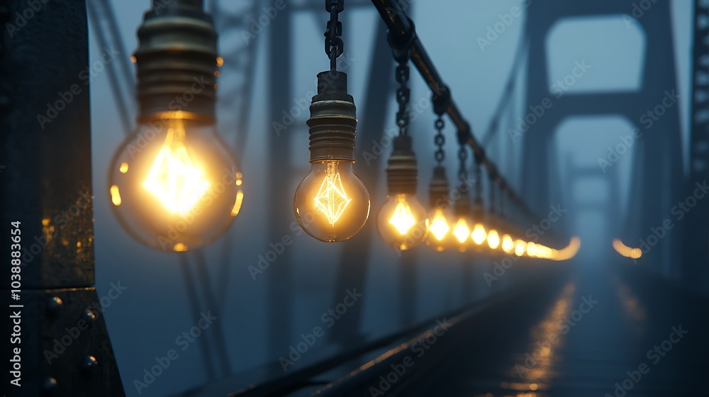 A line of light bulbs illuminating a foggy bridge, their glow reflecting off the wet surface. A line of light bulbs illuminating a foggy bridge, their glow reflecting off the wet surface.
