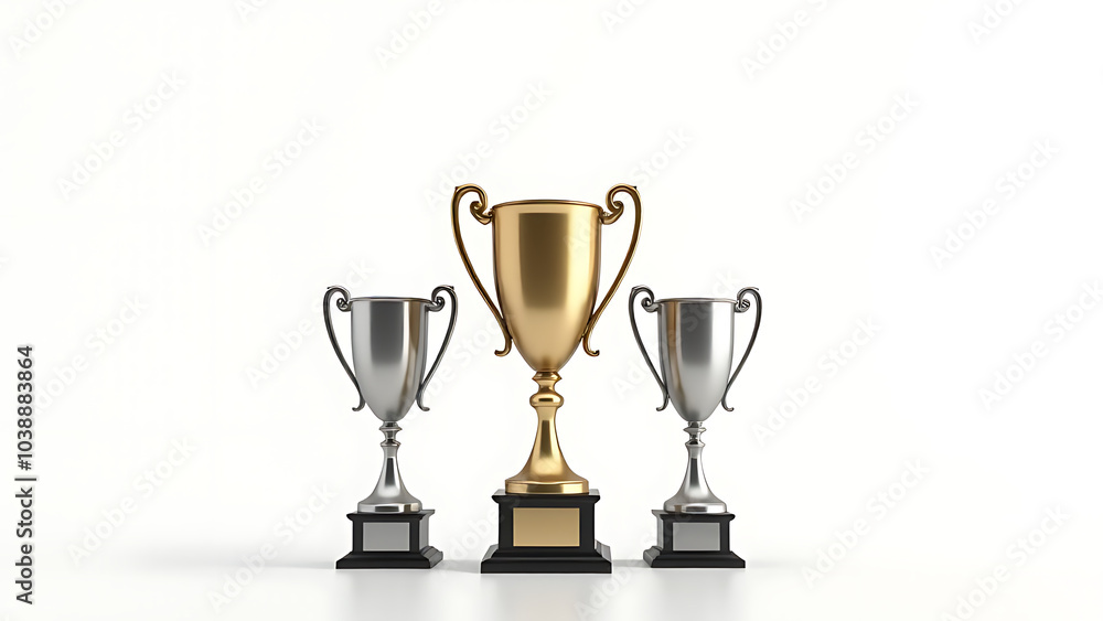 Silver and gold trophies sit alone on a crisp white backdrop made by generative artificial intelligence technology. Silver and gold trophies sit alone on a crisp white backdrop made by generative artificial intelligence technology.
