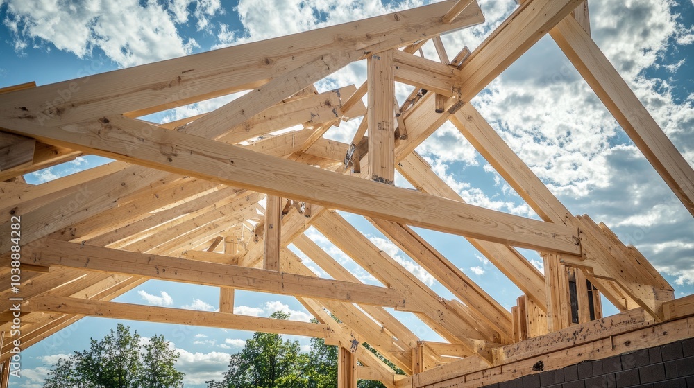 A team of builders assembling wooden trusses for a community center roof renovation, Truss assembly scene, Community center construction style A team of builders assembling wooden trusses for a community center roof renovation, Truss assembly scene, Community center construction style